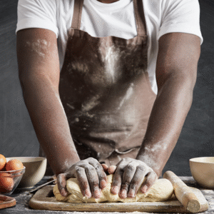 man wearing apron baking kitchen